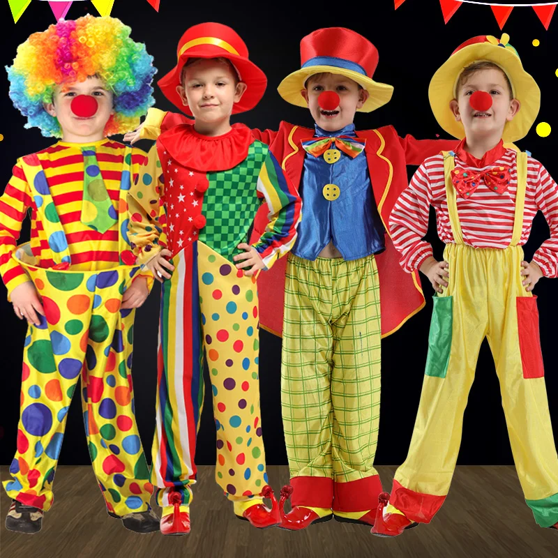 Boy's funny clown performance costumes，a unique gift for kids during theme party, little boy joker set with wig/nose/shoes