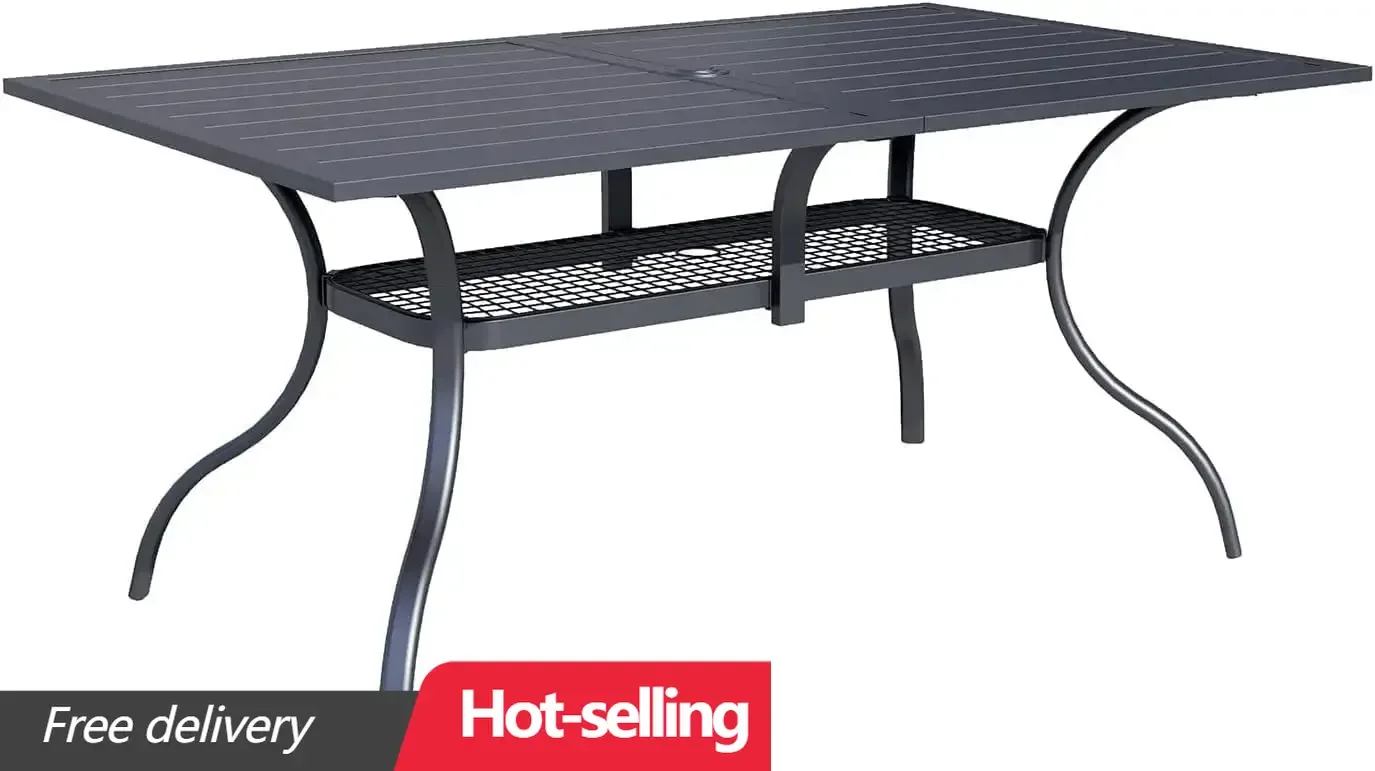 

Patio Dining Table, 60" x 37" Rectangle Metal Steel Slat Table, with 1.57" Umbrella Hole, for Backyards