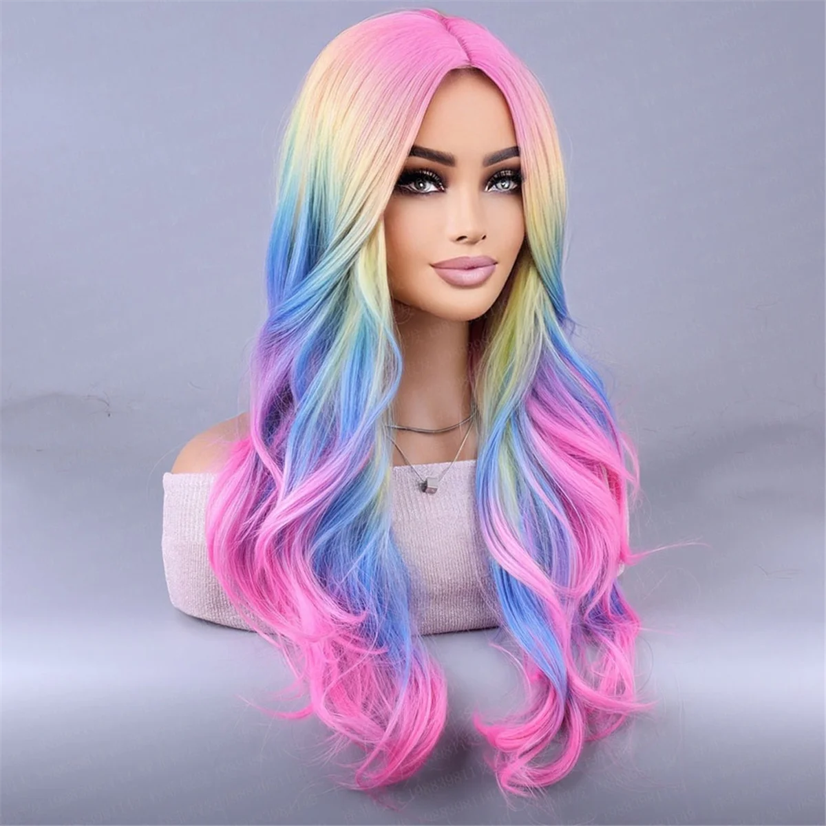 ABGN – perruque arc-en-ciel colorée, perruque de Cosplay européenne et américaine dans la frange, Simulation du cuir chevelu, perruque de Festival fantôme