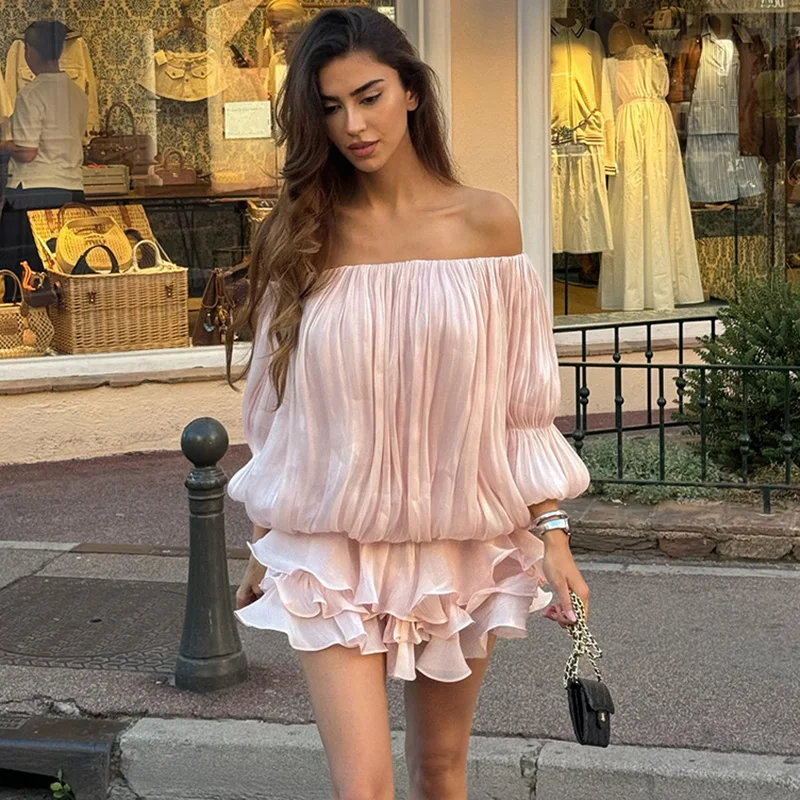 

Ticketsx Summer Shiny One Shoulder Skinny Pleated Mini Dress Elegant Solid Ruched Long Sleeve Vestidos Lady Party Evening Dress