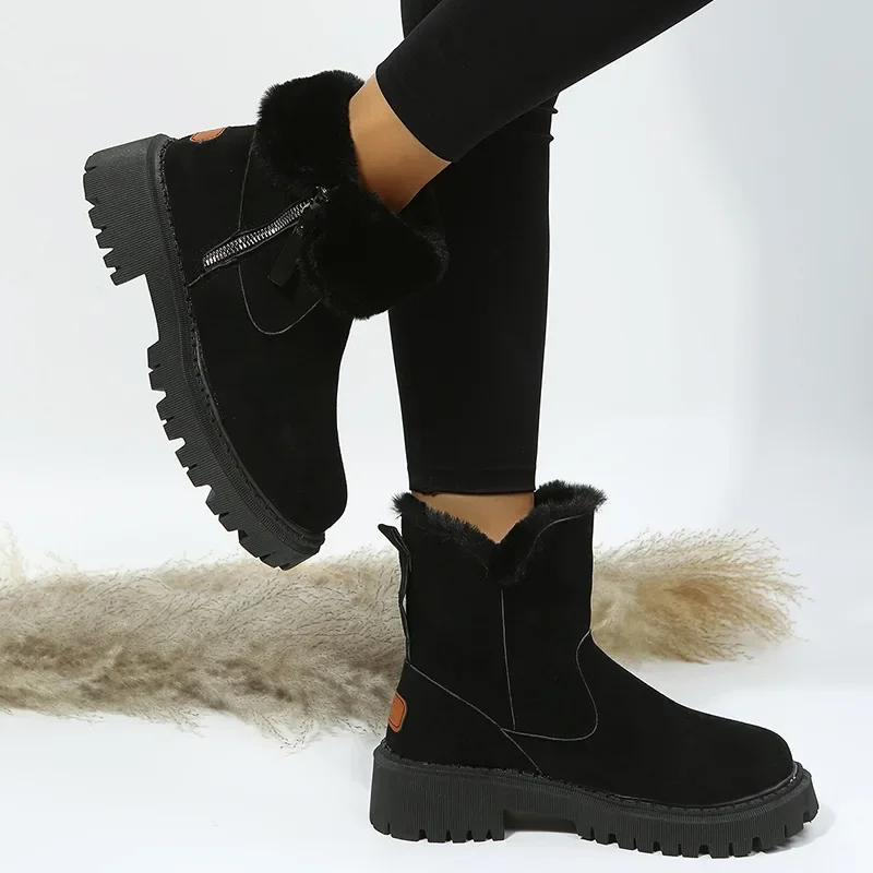 Trendy Winter Women's Boots Mid-Calf Fleece-Lined Thickened Warm Cotton Shoe Suede Integrated Winter Women's Ankle Boots 43