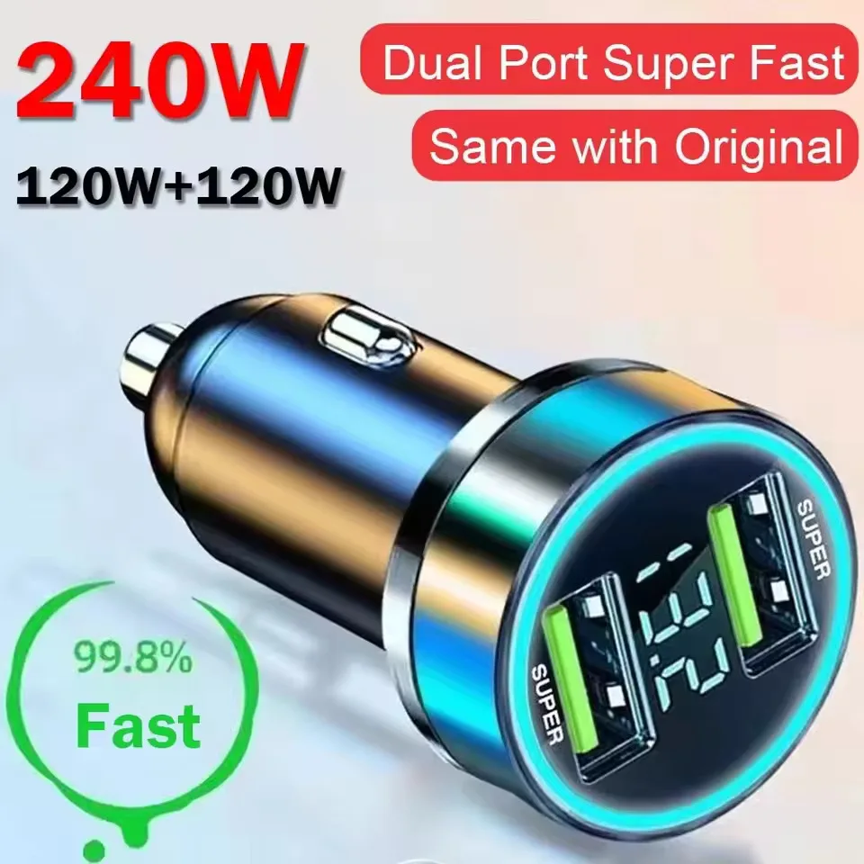 240W Auto-Ladegerät mit zwei USB-Anschlüssen, schnelles Ladeadapter mit Digitalanzeige für iPhone, Samsung, Xiaomi, Quick Charge 3.0