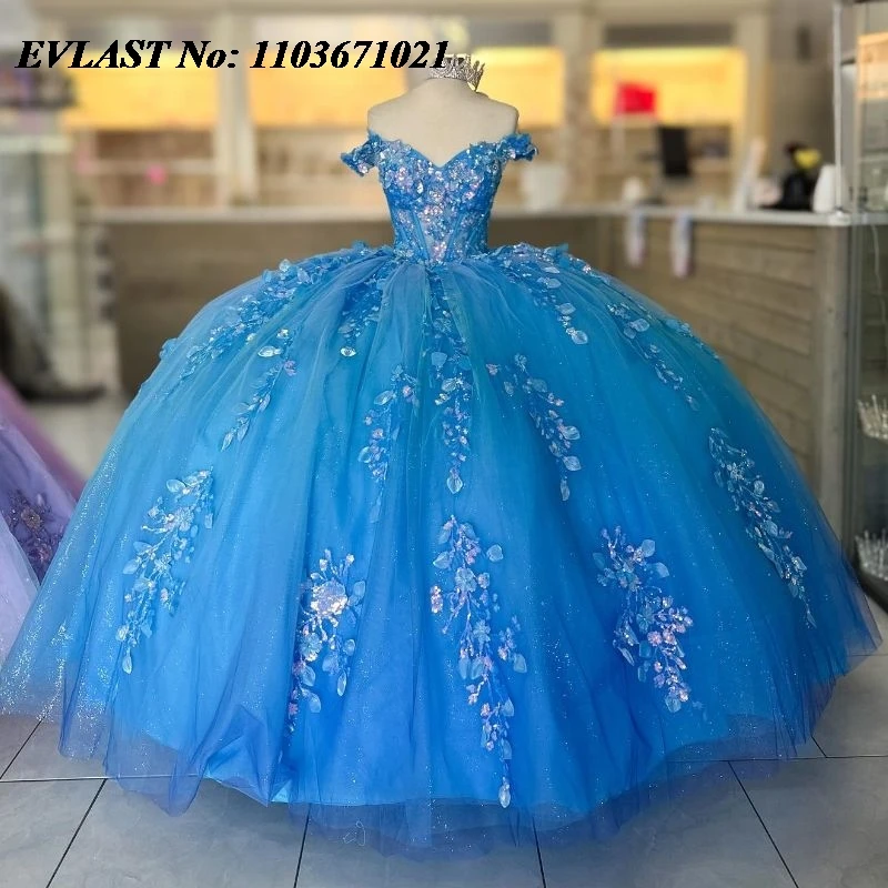 Evlast Glanzend Blauw Quinceanera Jurk Baljurk Kant Pailletten Met Kralen Kristal Korset Sweet 16 Vestidos De Xv 15 Anos Sq161