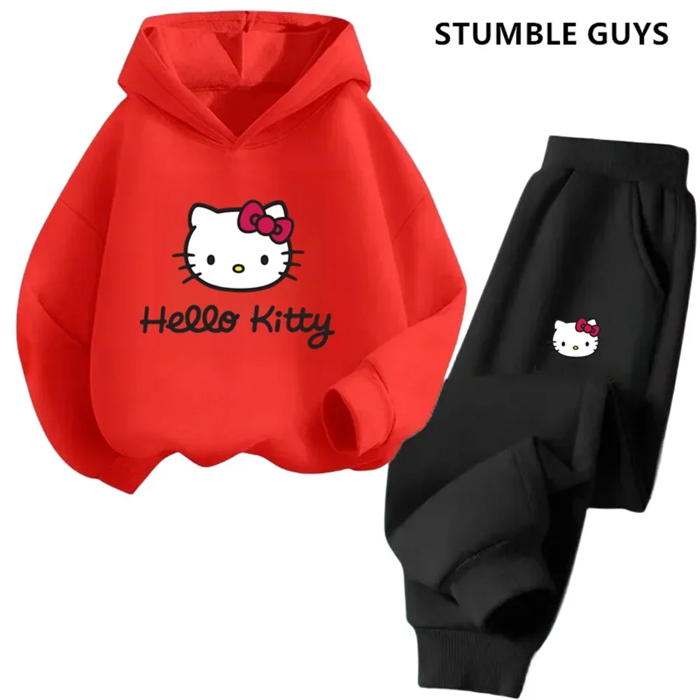 Kawaii Hello Kitty Hoodie Set for Girls Anime Hoodies Pants 2pcs Kids Cartoon Teen Tracksuits Toddler Clothes Sport Suit