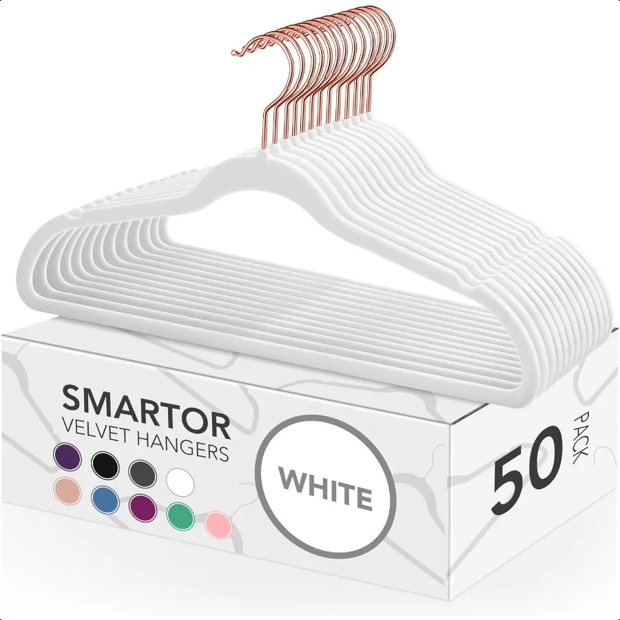 White Veet Hangers 50 Pack Non Slip Clothes Felt Hanger Heavy Duty for Coat 360 Rotating Rose Glod Hook Premium Slim Space Savi