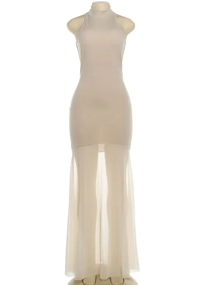 Kliou ラッフル エレガント ガウン ドレス レディース タートルネック ノースリーブ メッシュ パッチワーク ヘム ミッドナイト カクテルパーティー ヒップスター ロング ボディコン