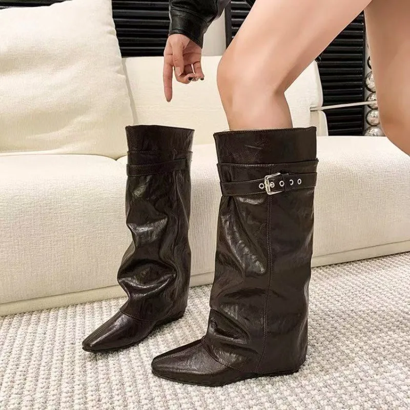 Fashion Belt Buckle Pile Boots Women 2026 Autumn Detachable Two-wear Inside Heightened Wedge Leather Shoes