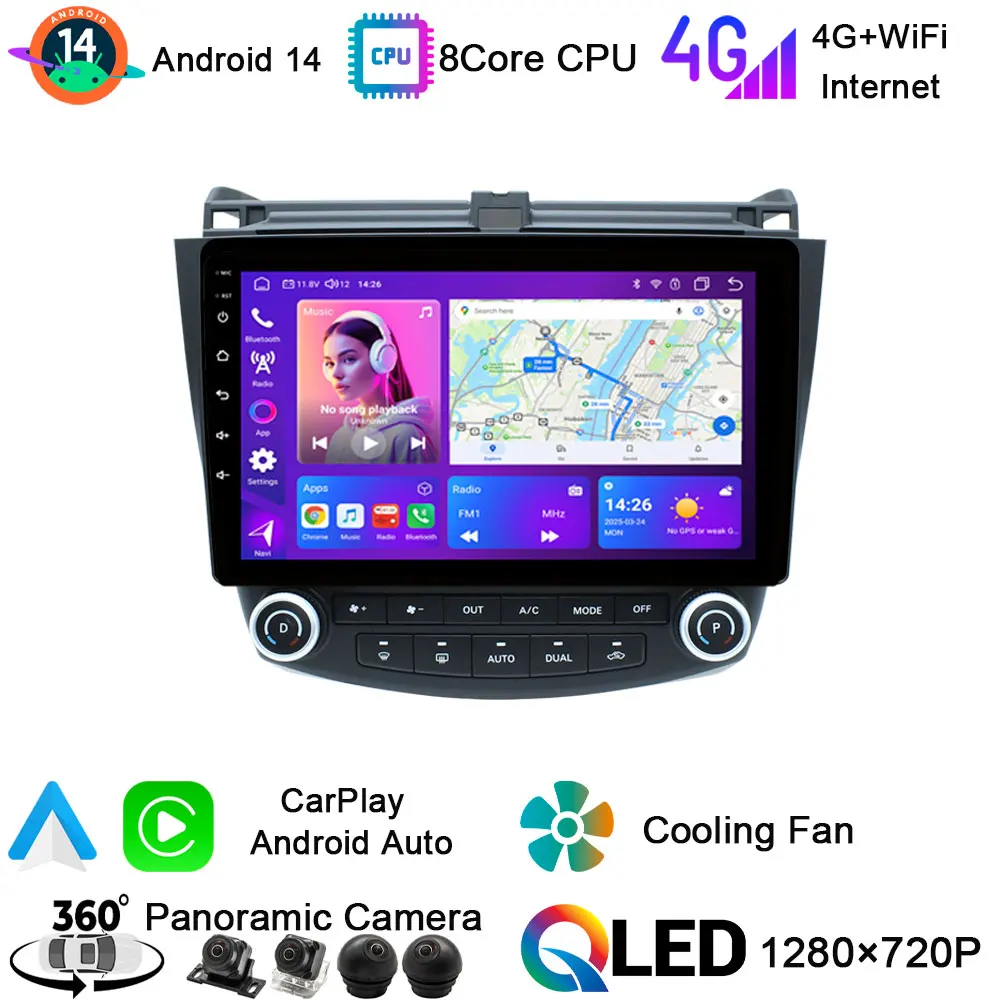 

10-in Android 14 BT 5.0 AHD Car GPS WiFi Multimedia Radio Video Player Stereo DSP Auto Carplay 4G LTE For Honda Accord 7 2002-08