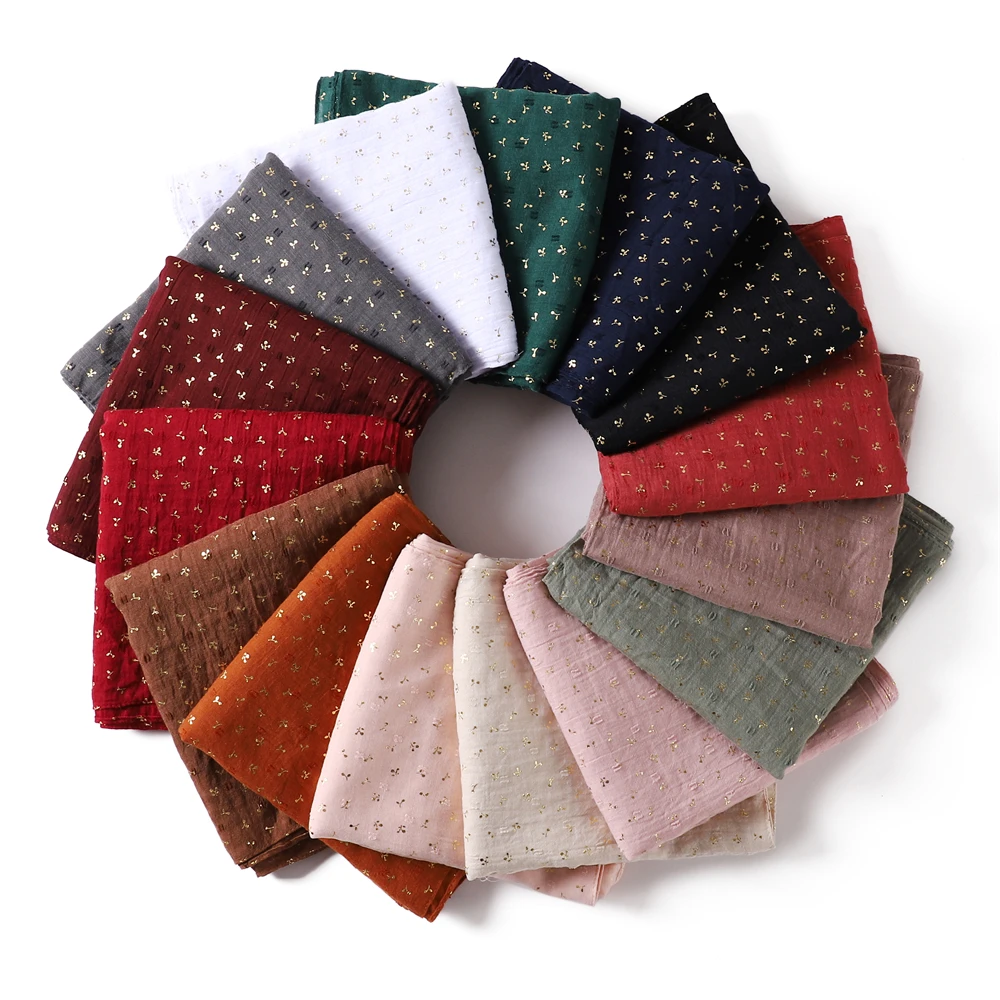 

Hot Sale Women Fashion Gold Print Cotton Scarf Muslim Headscarves High Quality Solid Big Size Jersey Soft Headband Hijabs Tippet