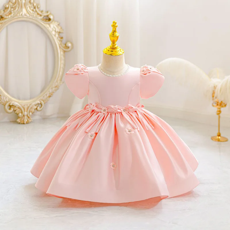 Children's satin flower princess dress with multi-color bubble sleeves and fluffy skirt for girls