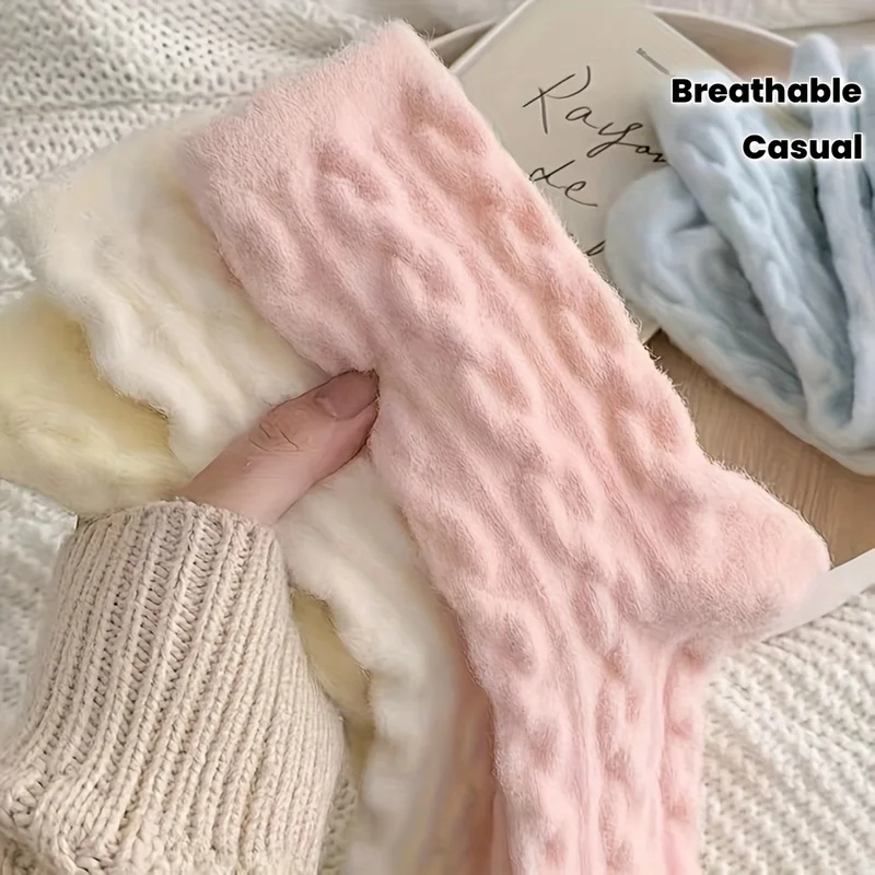 5 Pairs Women Warm Fluffy Mid-Calf Socks in Macaron Colors Soft Casual Formal Wear Chilly Autumn Winter Textured Design