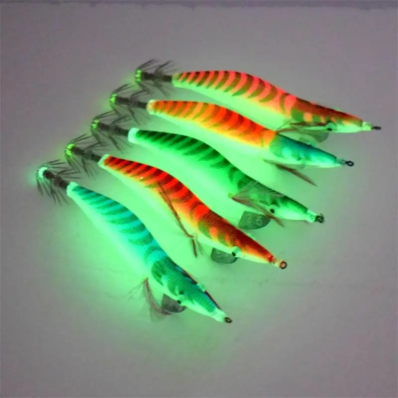 1pc Luminous Wooden Shrimp Fishing Lure With Squid Jig Hooks, Artificial Prawn Bait For Saltwater Freshwater