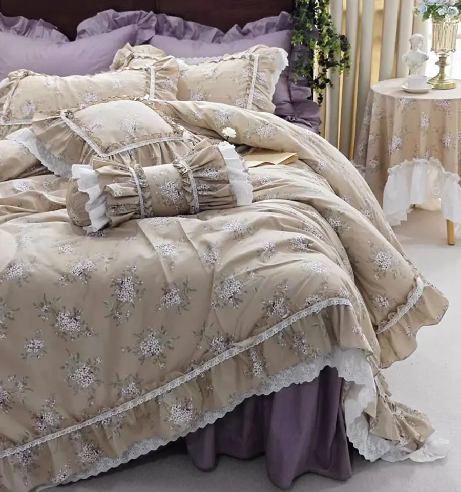 French pastoral floral bedding set,full queen king romantic ruffled lace rustic home textile bedspread pillow case duvet cover