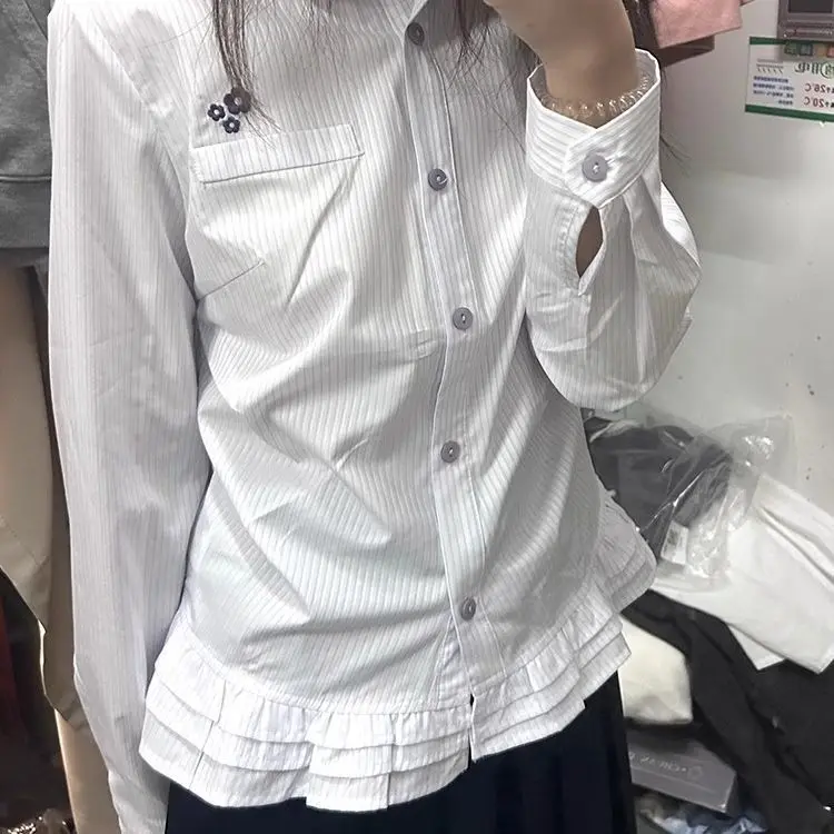 

Женская рубашка Japanese Sweet Academy — полосатая блузка с длинными рукавами и рюшами по подолу, винтажный топ в школьном стиле Y2K, Kawaii Unique De