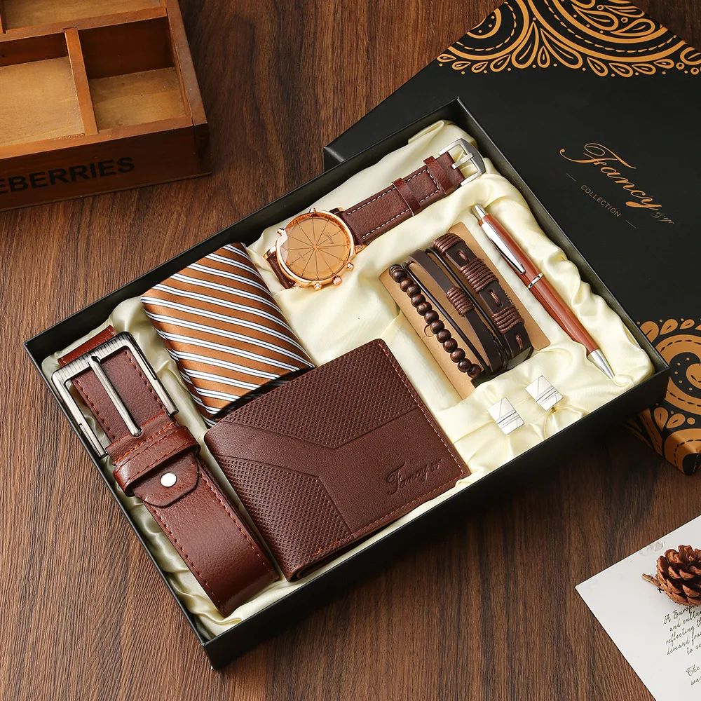 New Men Gift Set with Box Watch Bracelet Tie Cufflinks Ballpoint Pen Belt and Wallet Set for Men Boyfriend Son Dad Husband Gifts