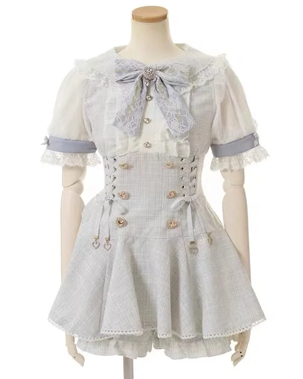 Japanese Mines Style Mass-Produced Lace Spliced Doll Collar Bow Lace-up Slim Lolita Dress High Waist Shorts Two-Piece Set Women
