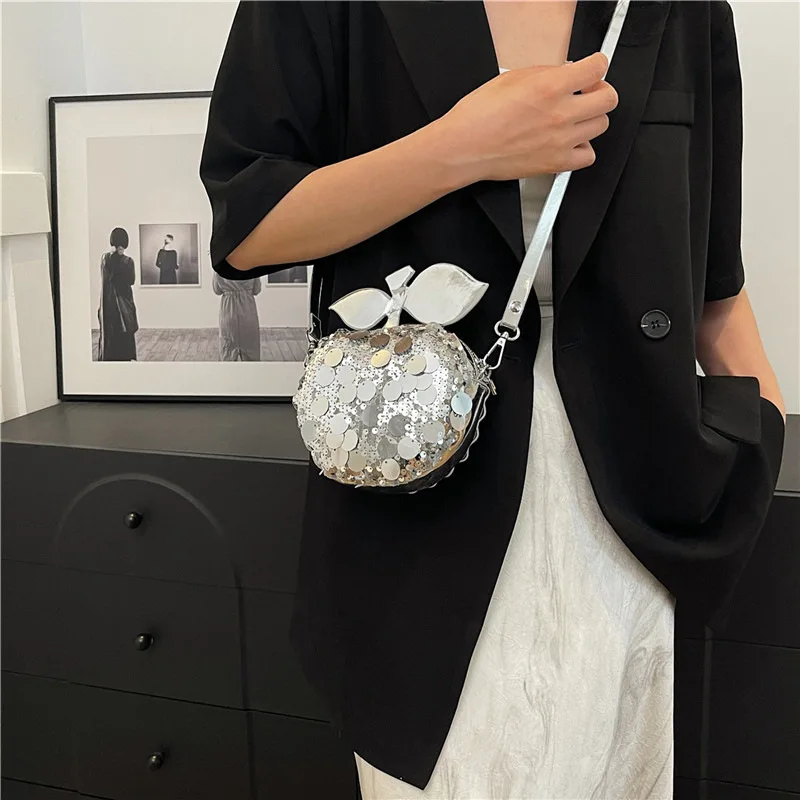 Small Round Bags for Women 2024 Trend Sequin Fashion Coin Purse Cartoon Luxury Apple Crossbody Bag Party Cute Shoulder Bag Woman