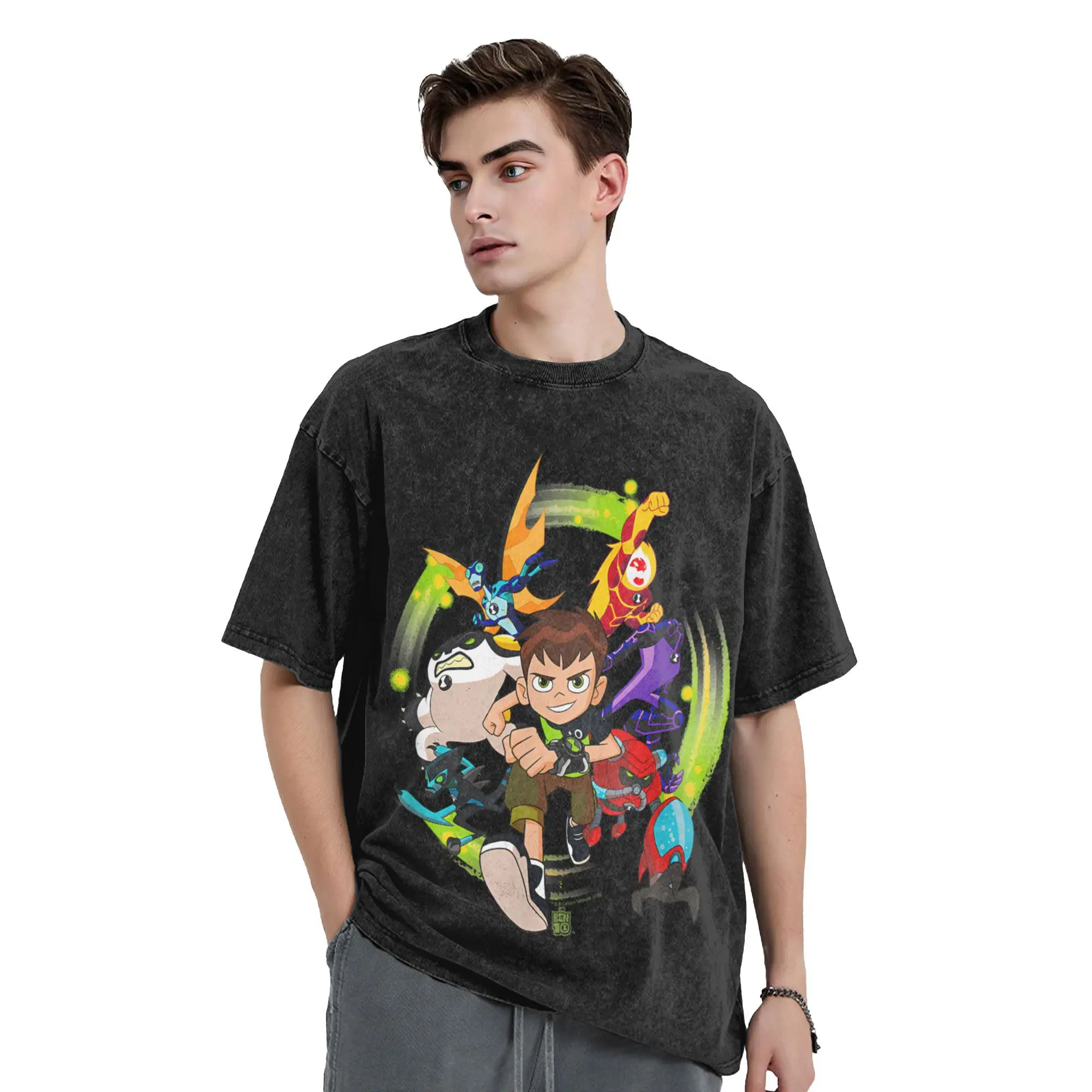 남성 티셔츠 벤 10 에일리언 애니메이션 워싱 티셔츠 힙합 여름 티셔츠 스트릿웨어 프린트 코튼 의류 선물