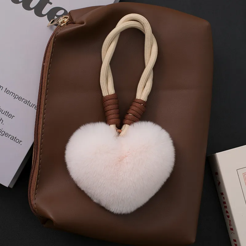 Echter Rex-Kaninchenfell-Herzanhänger, Flauschiger Ball als Rucksack-Dekoration, Handgefertigte Quaste als Geschenk – Detail 6