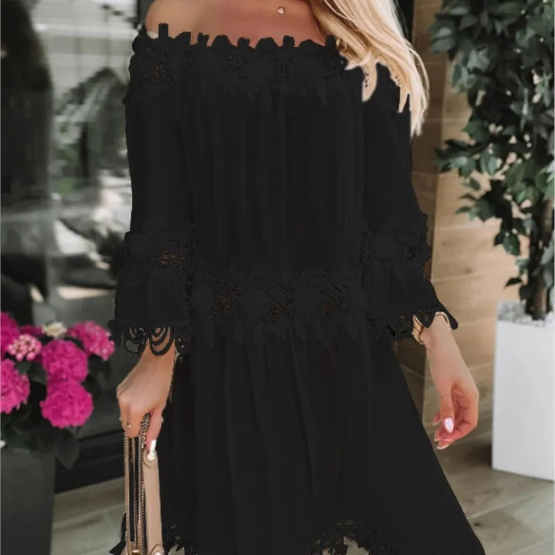 Seksowna sukienka midi z wyciętymi kwiatami i aplikacjami w gwiazdki Biało-czarna koronkowa sukienka z odkrytymi ramionami i rozszerzanymi rękawami w jednolitym kolorze Sukienka damska Vestidos