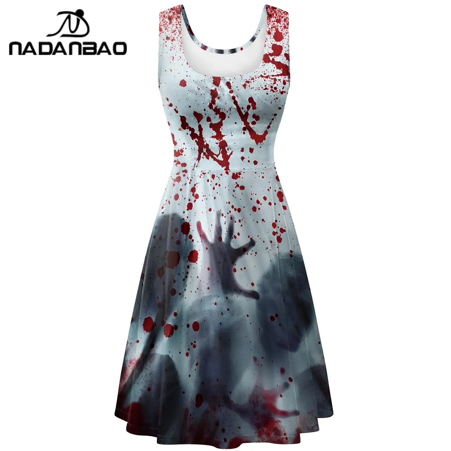 Nadanbao Women Halloween Dress Terror Blood Hand Print Sleeveless Dresses Summer Casual Party Clothes Elastic Ladies Outfit