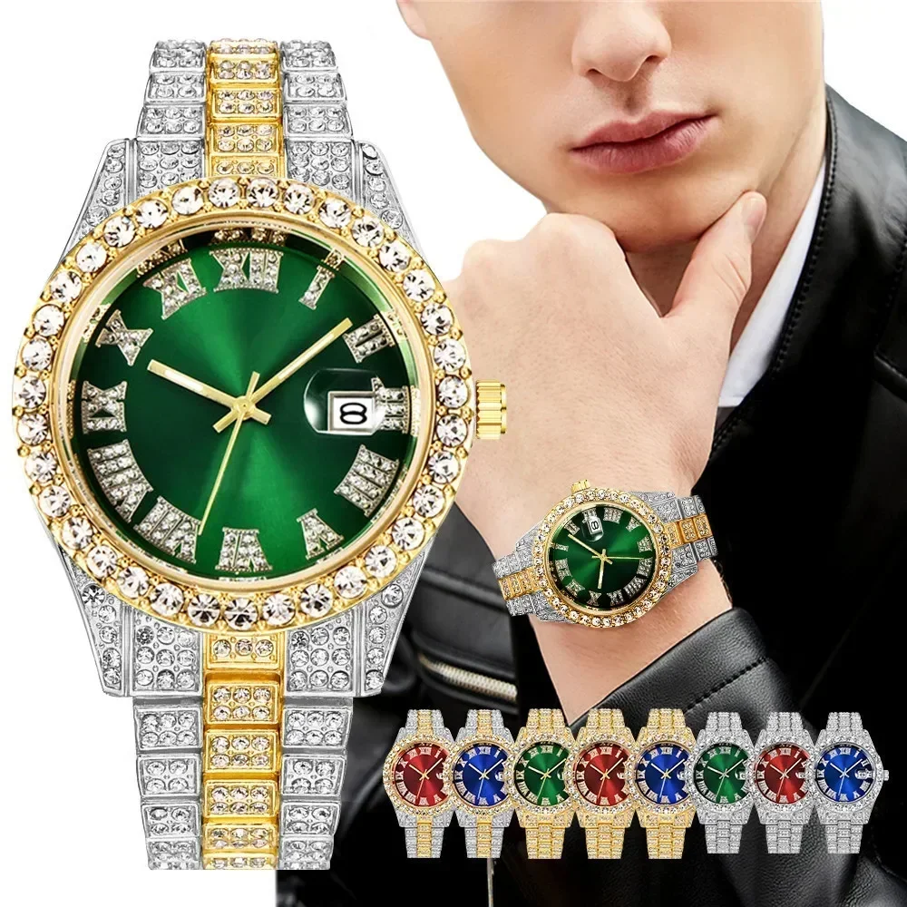 Full Iced Out Watch for Men Multiple Colors Hip Hop Mens Watch Fashion Cool Bling Diamond Luxury Mens Watches Clock Relogio