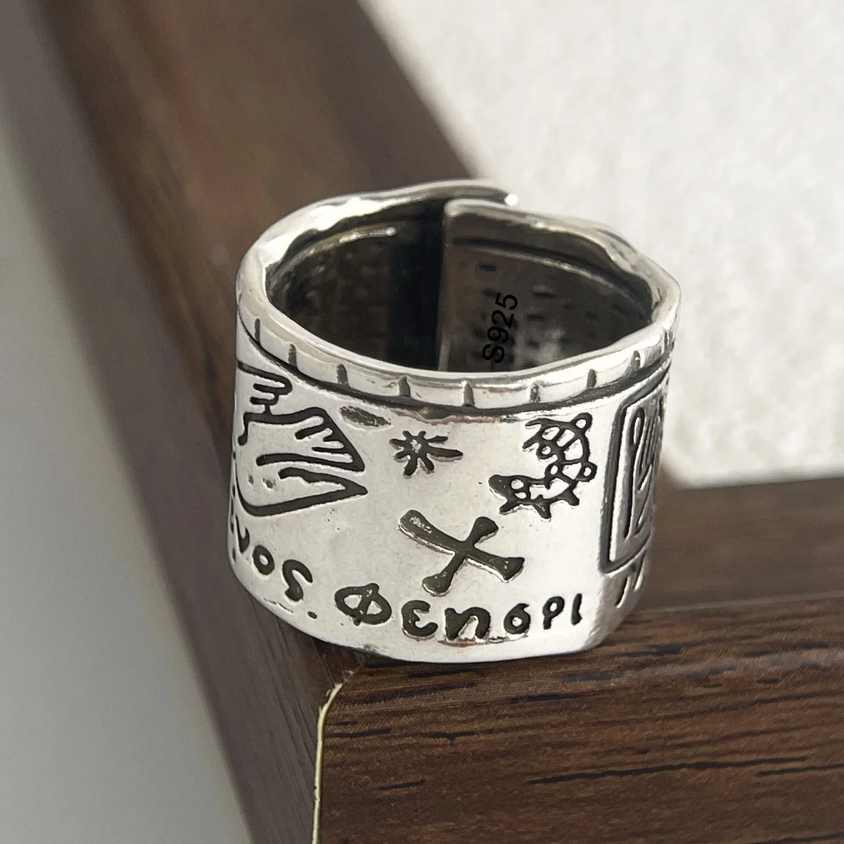 Women's 925 Sterling Silver Minimalist Wide Pattern Ring, Handmade