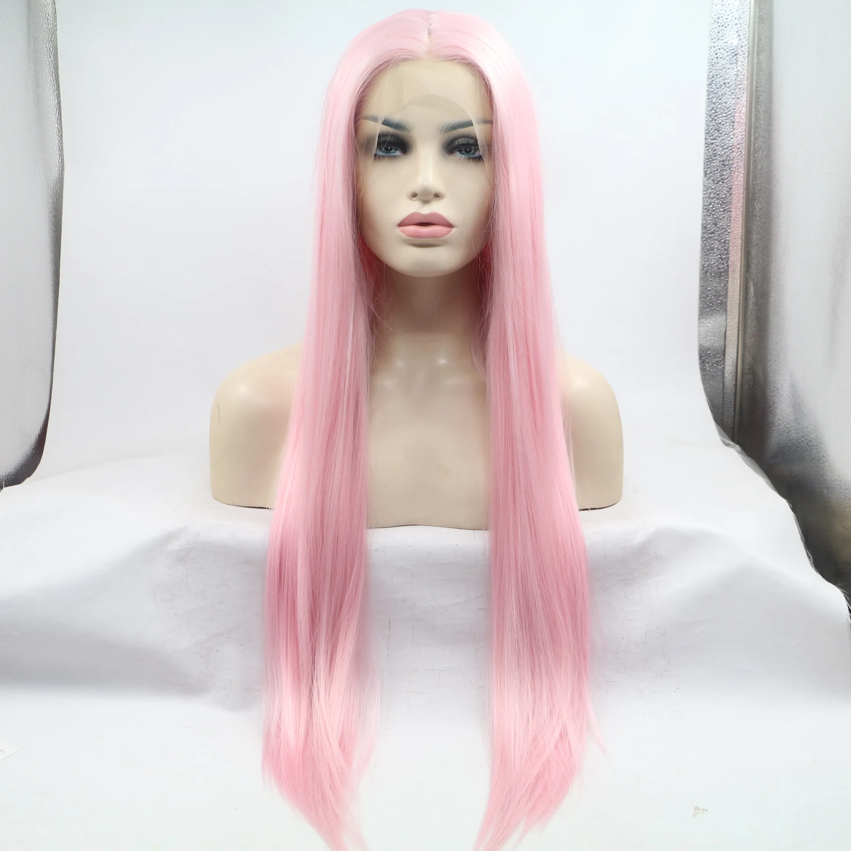 

Synthetic Lace Front Wig For Women Fiber Heat Resistant Hair Glueless Pink Color Long Bone Straight Wigs Cosplay Daily Wear