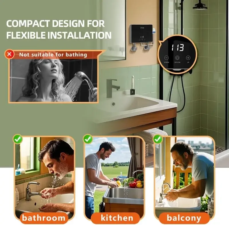 Tankless Water Heater Electric ，110v 0-3500W Whole House Tankless Hot Water Heater with Led Temperature Display for Indoor or Ou