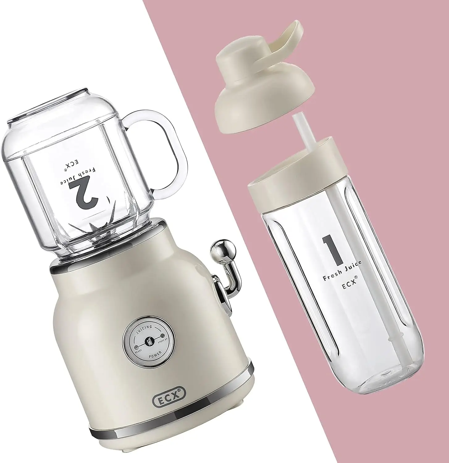 

Retro Design Portable Juicer Blender, 6 Powerful Blades, for Shakes and Smoothies,Includes 21oz Portable Cup & 17oz Mason Cup -
