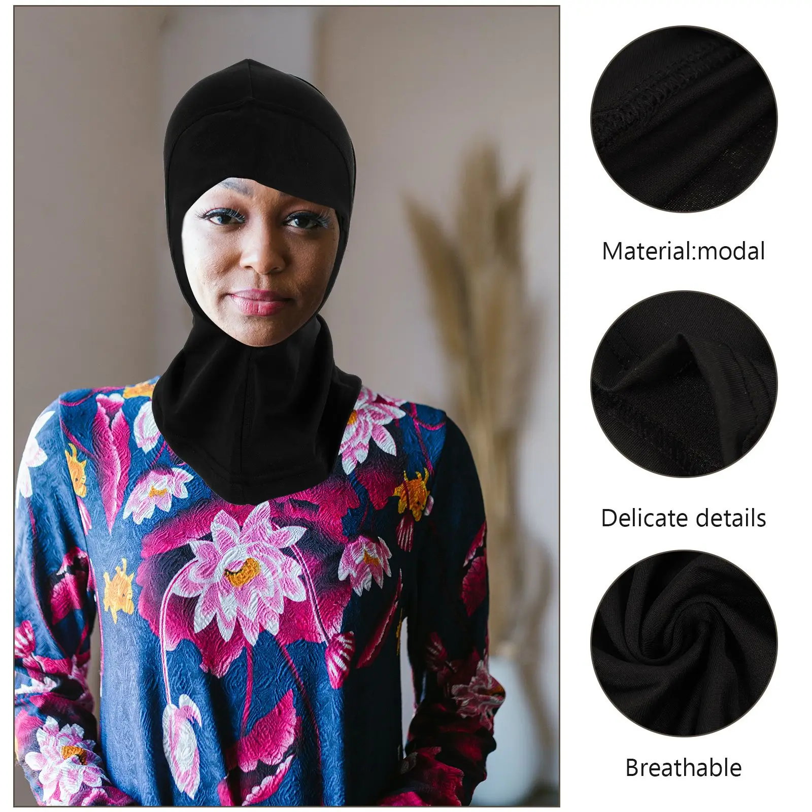 Solid Black Inner Hijab Cap Lightweight Stretchable Muslim Head Wrap Scarf Beach Towel Summer Shawl Adjustable