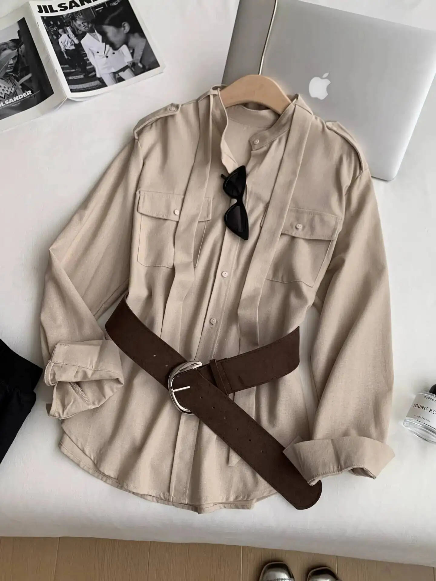 

2026 Spring Women's Khaki Ramie Blouse Sister Vibe Tie Waist Long Sleeve Casual Lazy Mid-Length Shirt Dress