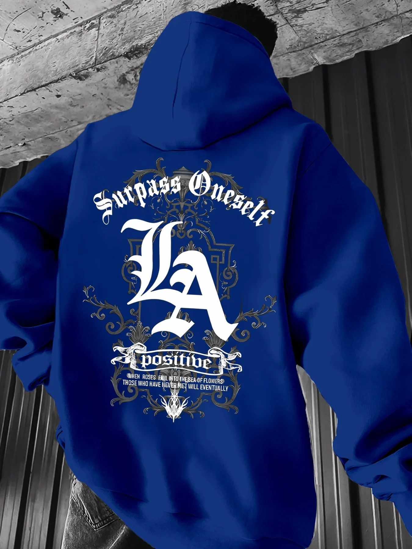 Hip Hop Street Hoodie For Men Gothic Script LA Letter Surpass Oneself Slogan Graphic Back Print Loose Fit Pullover Sweatshirt