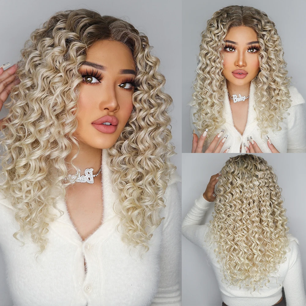 

LOUIS FERRE Light Blonde 13*1 T Part Lace Synthetic Wigs for Women Heat Resistant Medium Length Deep Curly Wigs with Baby Hair