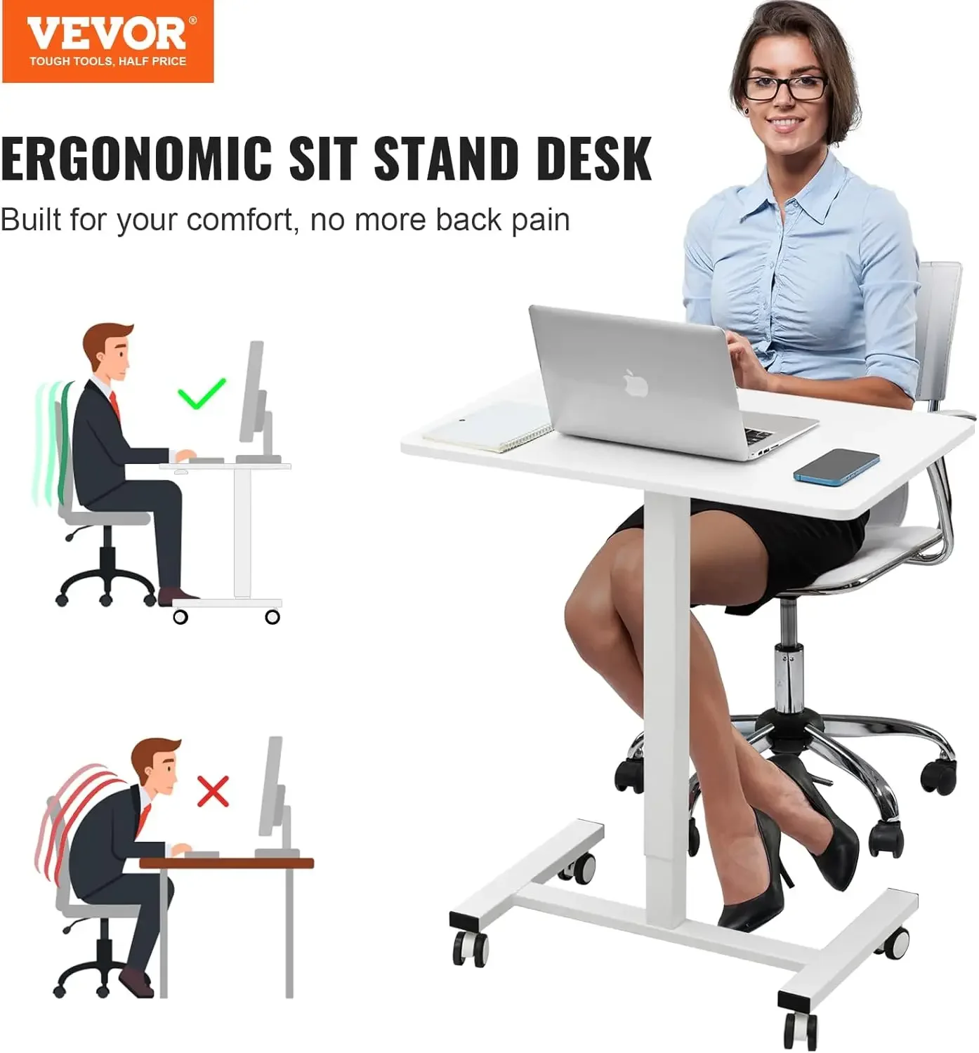 Mobile Standing Desk, 28"-44" Gas-Spring Height Adjustable Sit-Stand Desk, 4 360° Swivel Wheels (2 Lockable)