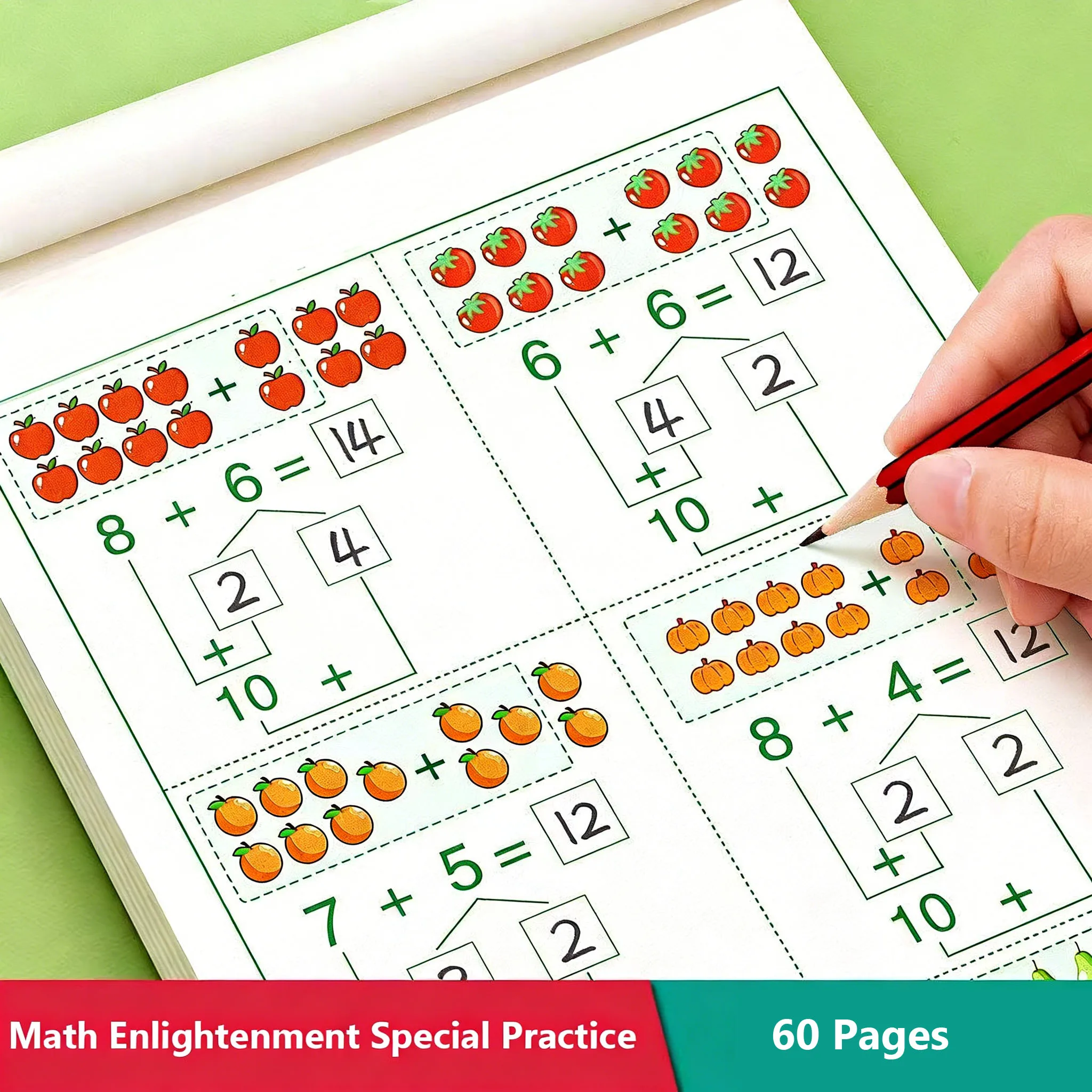 Libro de práctica de matemáticas de 60 páginas para sumar y restar, cuaderno de ejercicios de matemáticas para preescolar y jardín de infantes para la descomposición de números y la suma