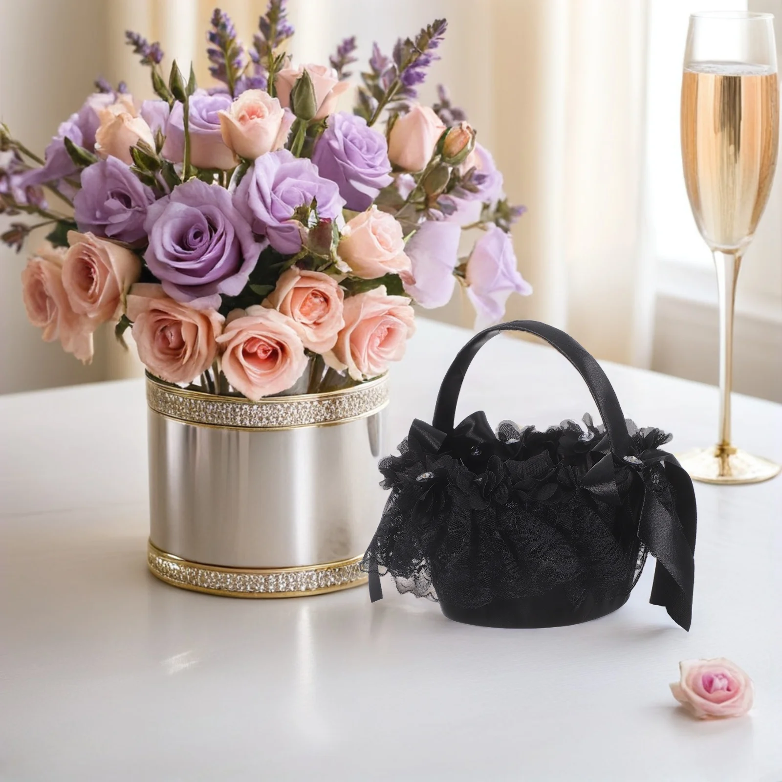 

Black Wedding Flower Basket With Bowknot Rhinestone Handle For Petals Confetti Candy Bridal Shower Party Decor