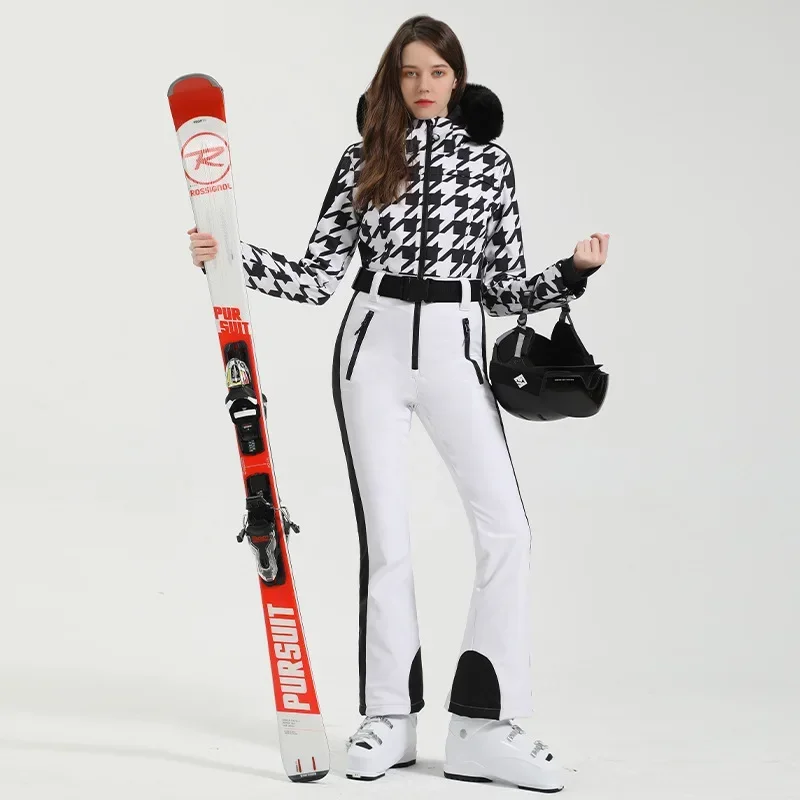 2025 New Sport One Piece Ski tute pelliccia con cappuccio donna tute da neve Outdoor Mountain donna tuta antivento Snowboard Clothes