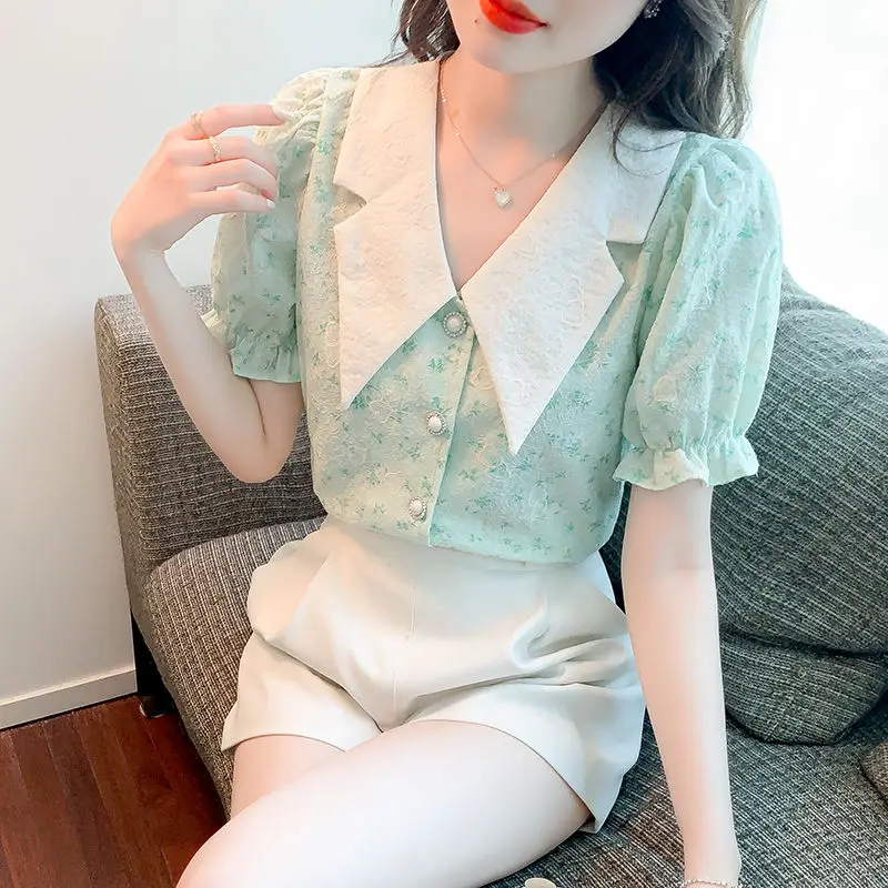 2024 Summer New Blouses Women\'s Chic Flattering Printed Spliced Button Standard Peter Pan Collar Puff Sleeve Chiffon Shirts Tops