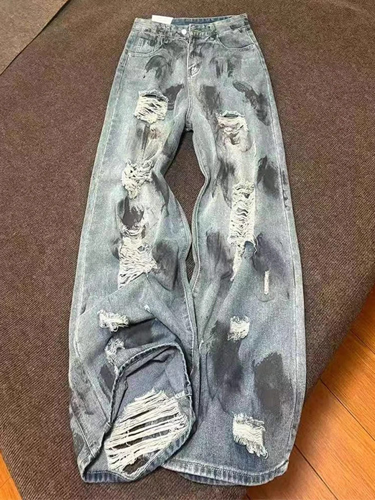 

Ripped American Sle Men's Jeans Casual Loose Straight Leg High Waist Youth Faion Breathable Autumn Long Pants