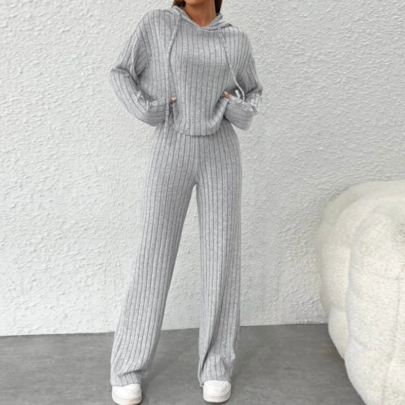 Women’s Ribbed Lounge Wear Sets Elegant casual Hooded Long Sleeve 2 Pieces set Lady fashion solid color Knitting Set outfit suit