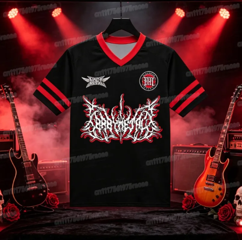 Soccer Jersey Unisex V‑Neck Sports Shirt Black Red Trim Short Sleeve Tees Gothic Dark Metal Graphic Print T-shirt FamilyMatching
