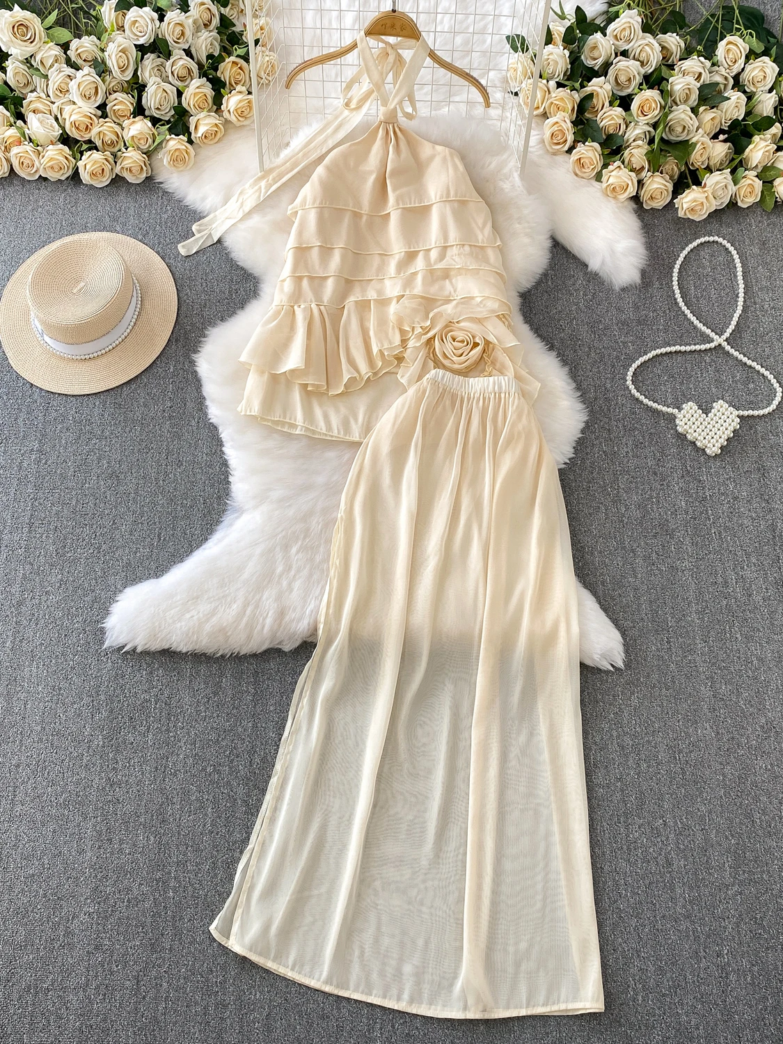 

Pure Desire Sexy Bal Ne Hanging Vest Design e Flower Lace Top f Skirt Set Women's Faion Summer Outfit