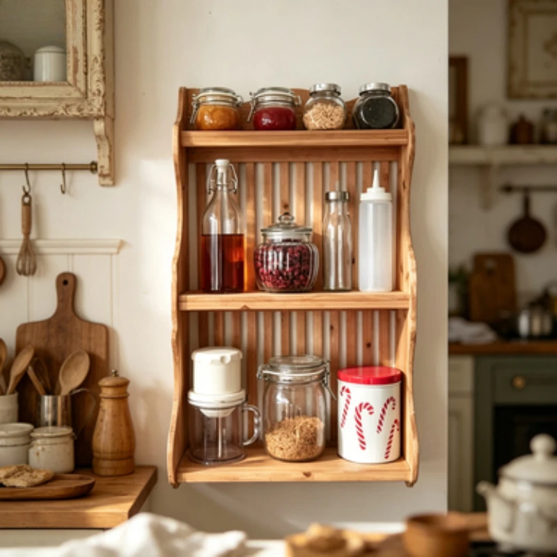 Solid Wood Floating Shelf Kitchen Bottle Organizer Rack Sundry Tableware Storage Cabinet Hanging Wall Spice Supplies Storage