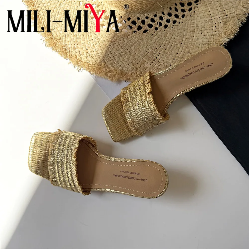 MILI-MIYA Women's Special Material Square-Toe Casual Sandals Chunky Heel Slip-On Solid-Color Casual Shoes Handmade For Ladies