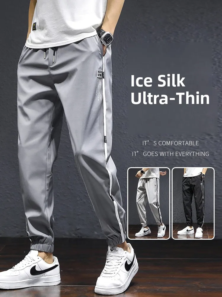 

Свободные мужские летние повседневные брюки из ледяного шелка, тонкие дышащие спортивные брюки Qui Dry, брюки-карго с эластичной резинкой на талии