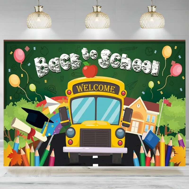 Back to School Backdrop Black School Bus Chalk Banner Decoration Kindergarten Classroom Teachers Students Photography Backgroun