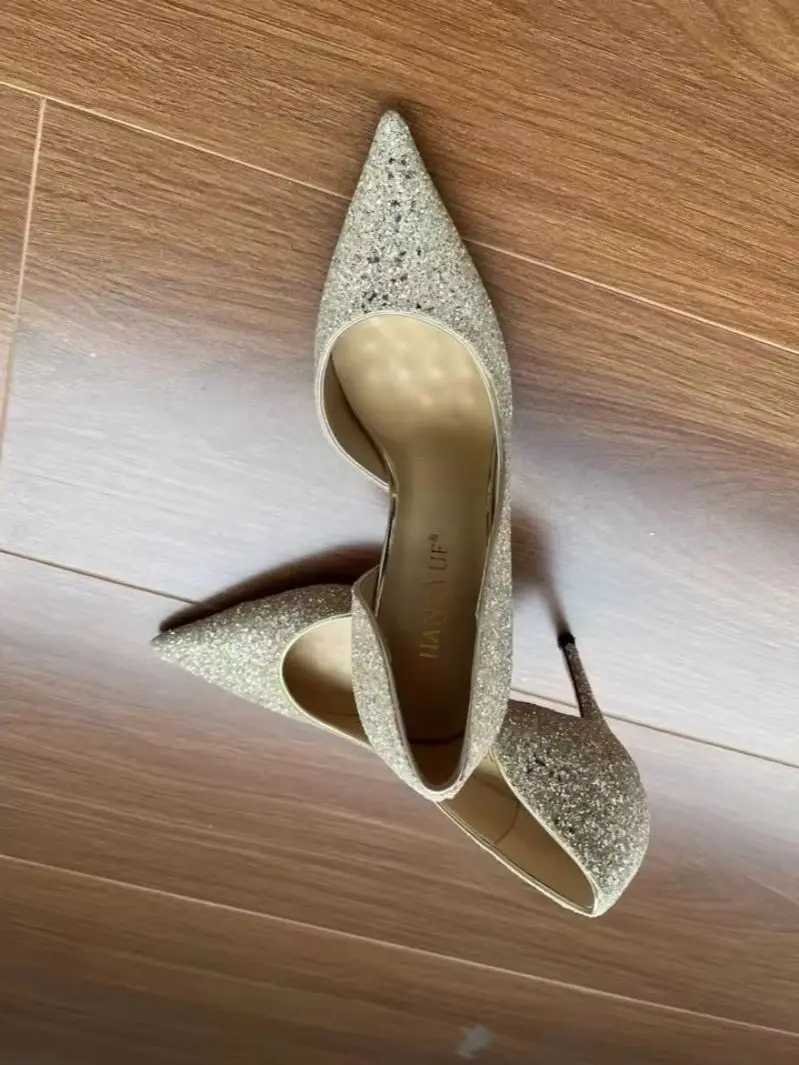 New sequined silver side empty high heels for women, pointed thin heels, shallow mouth, sexy socialite, and queen wedding shoes