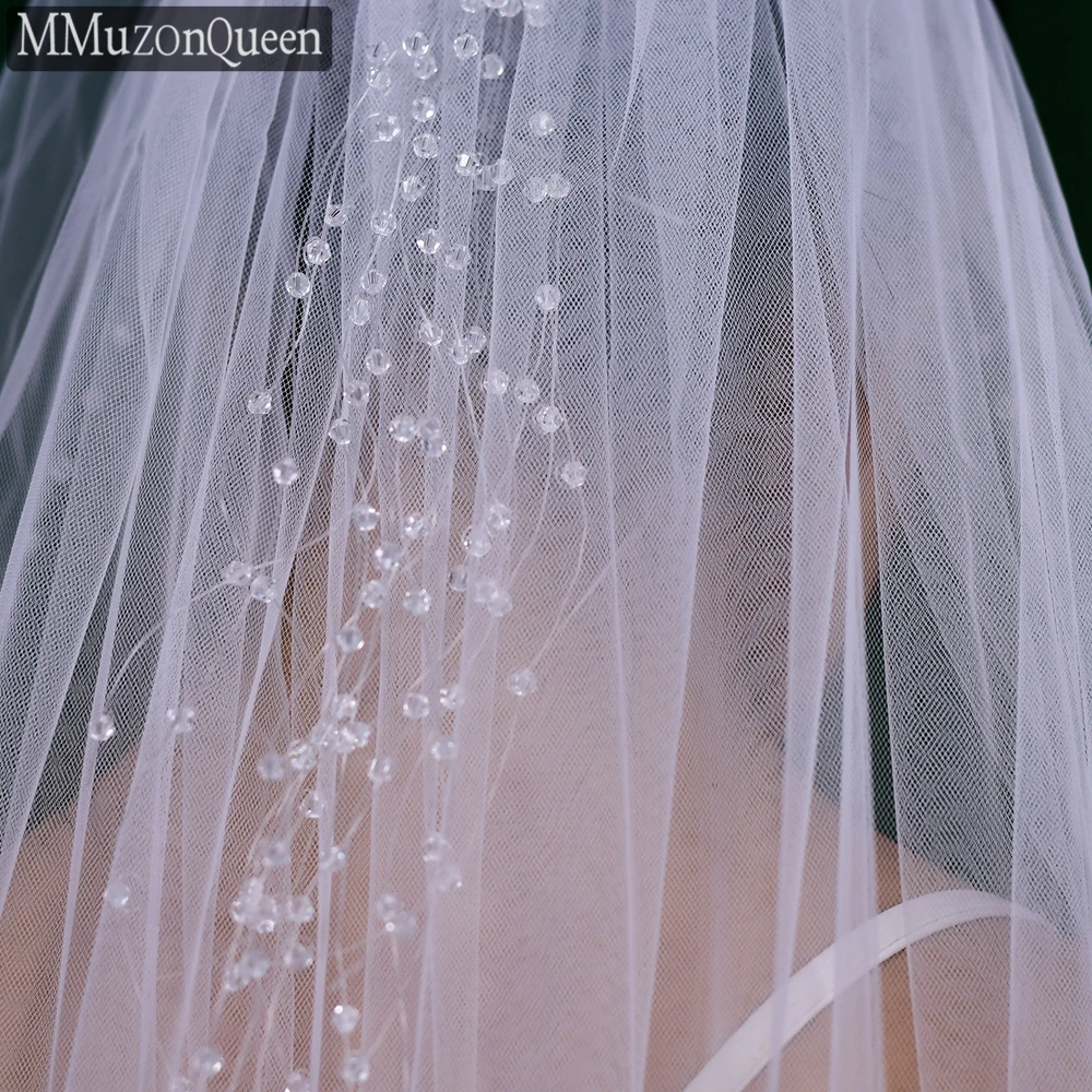 

MMQ Crystal Edge Wedding Veil with Comb White Soft Tulle Yarn 1 Tier Fingertip Length Tassel Bridal Veil M20