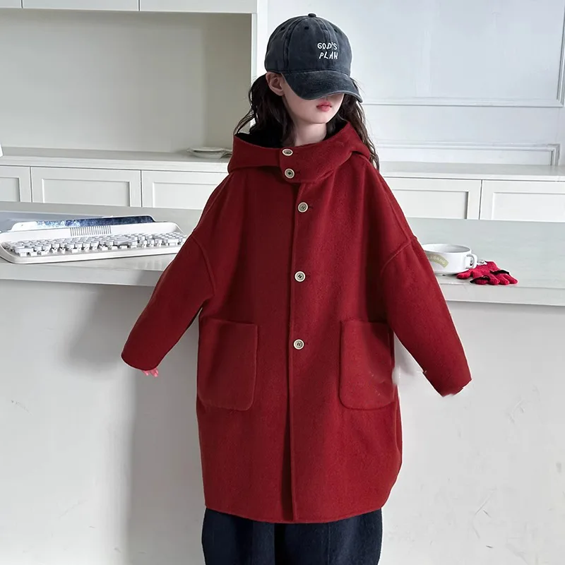 Girls Double-faced Fleece Coat Winter New Long Woolen Coat Children Thicken Warm Clothes Teen Kids Fashion Hooded Outwear